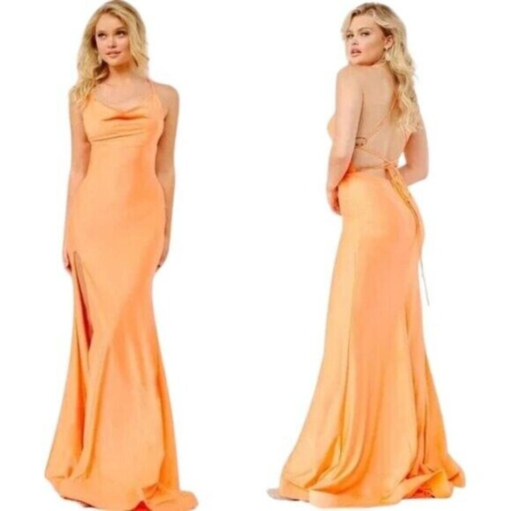 JVN By Jovani Orange High Slit Cowl Neckline Strappy Back Dress